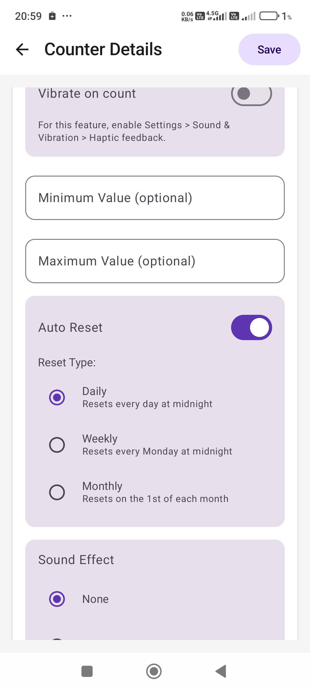 CountUp Auto Reset ayarları